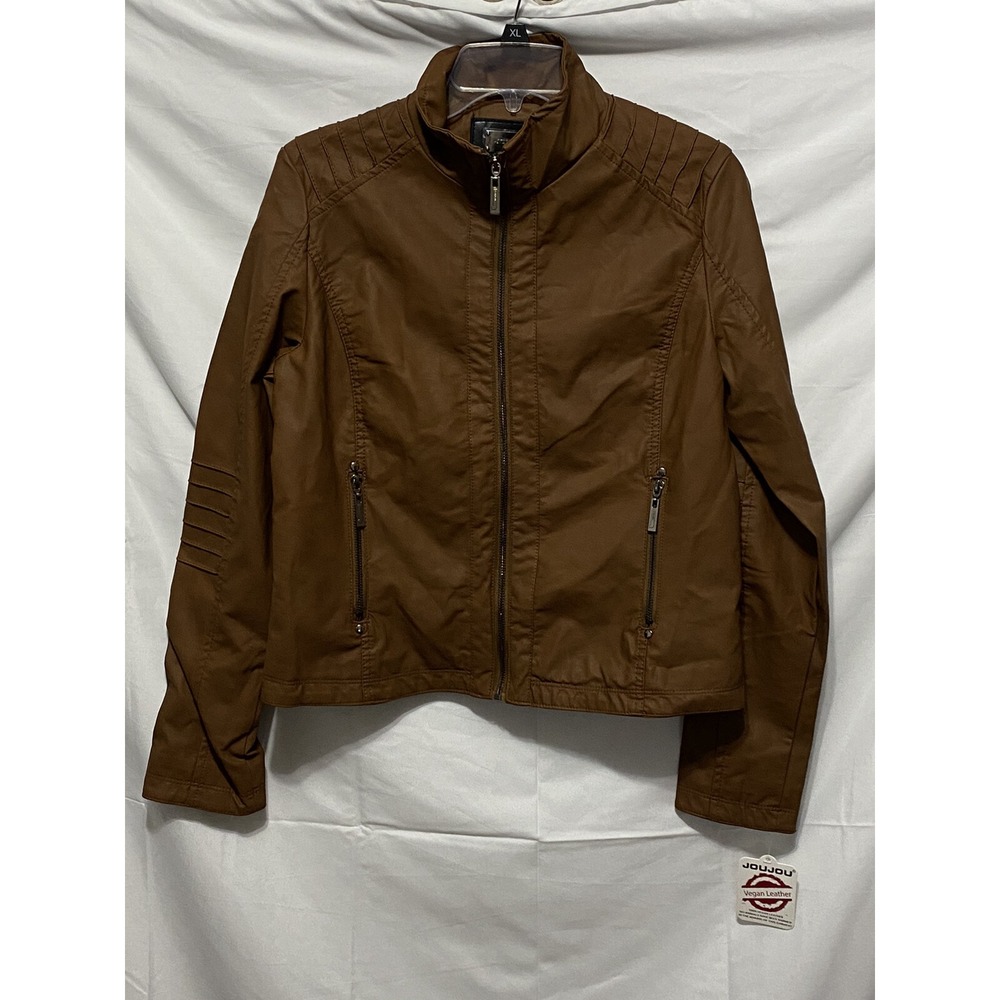 JouJou Women Jacket Size Medium brown 100% Vegan Leather Jacket Swackett NWT